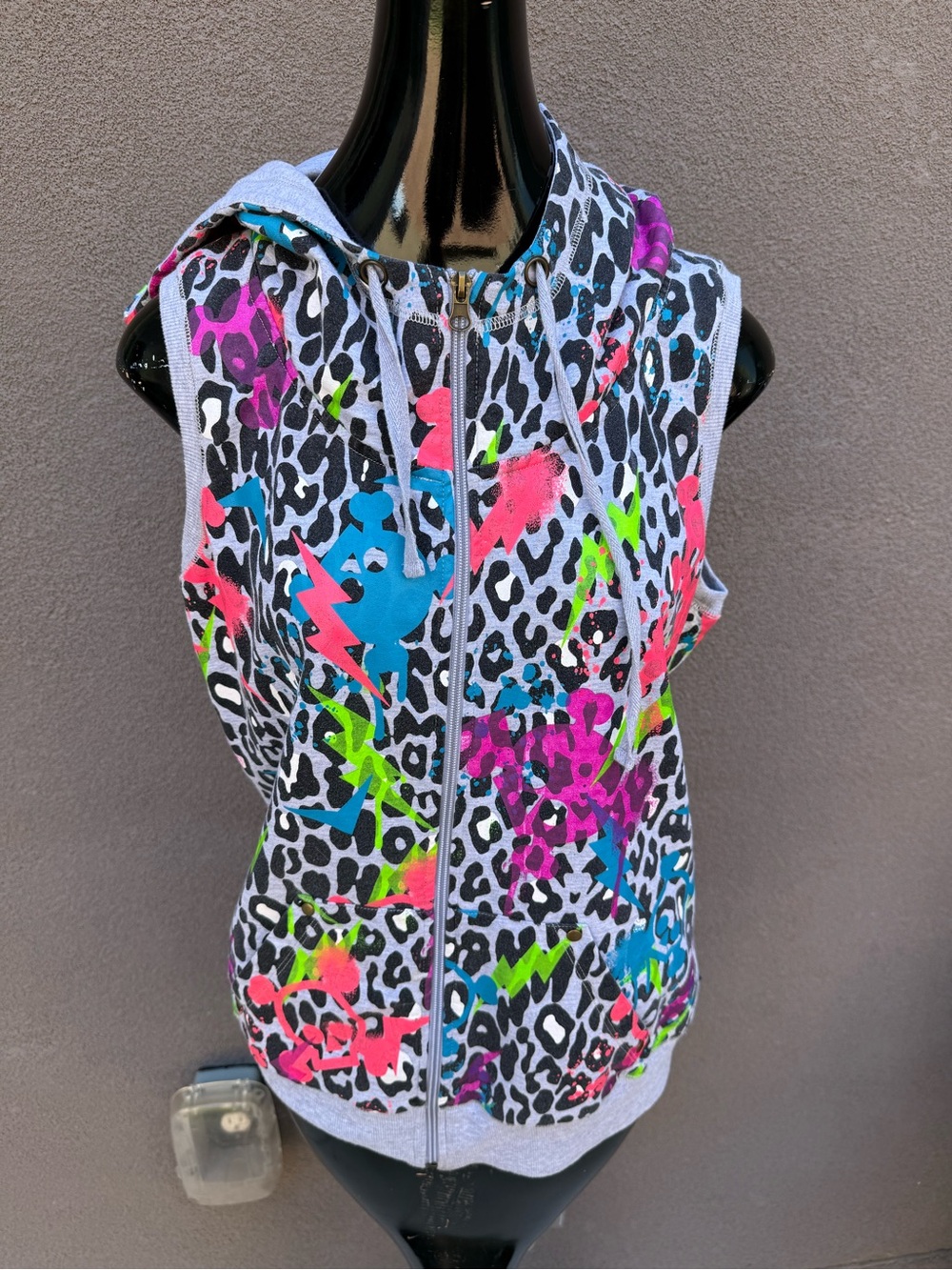 L.A. Kitty Leopard Print Sleeveless Zip Hoodie Y2K Neon Graffiti Vest XL